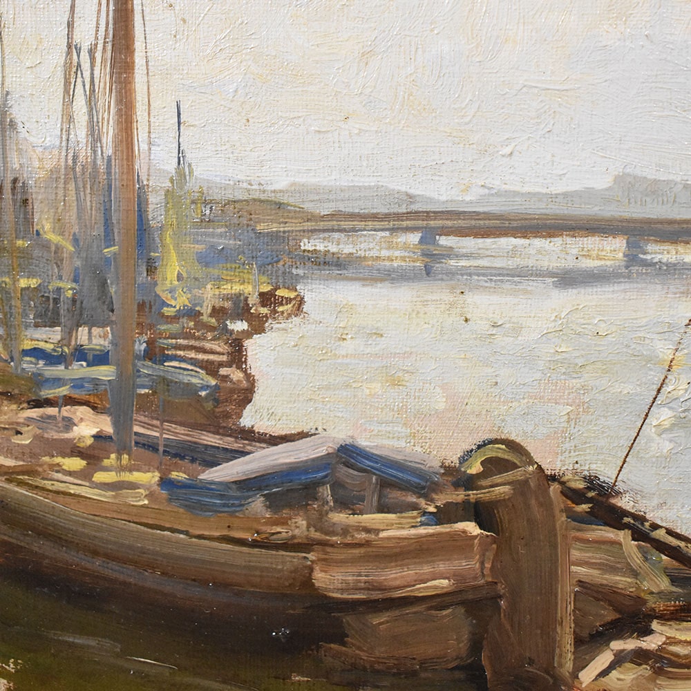 QM467 1a antique painting art deco boat port seascape painting xx.jpg